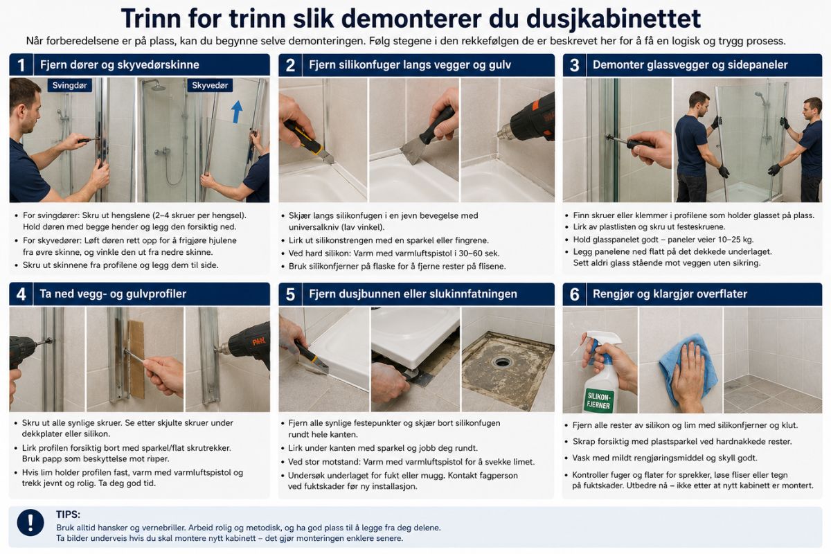 Infografikk om hvordan du installerer et dusjkabinett trinn for trinn